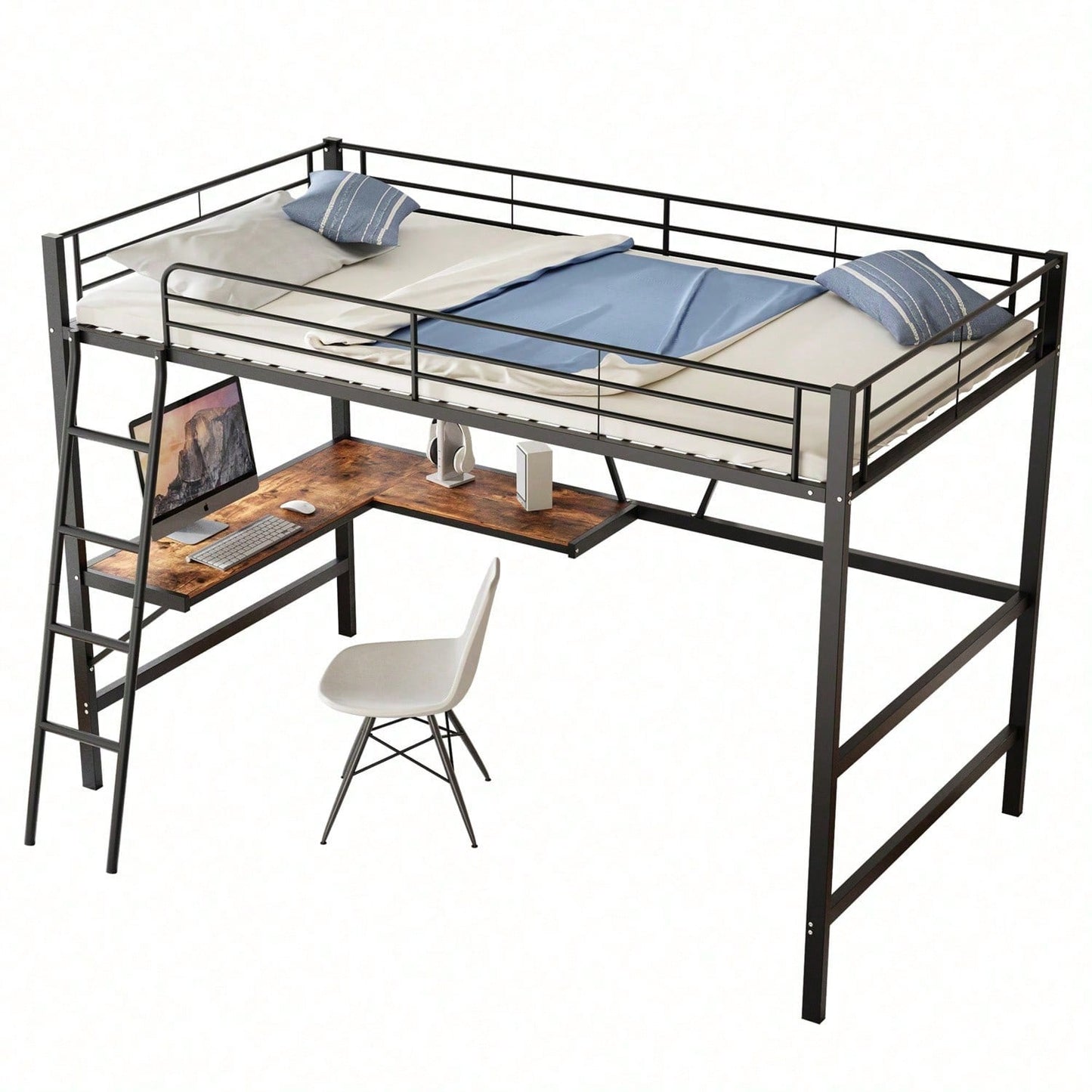 90x200cm Bettgestell Metallbett, Eisenbett, Hochbett mit L-förmigem Schreibtisch und einem Regal für Kinder, Jugendliche und Erwachsene, schwarz