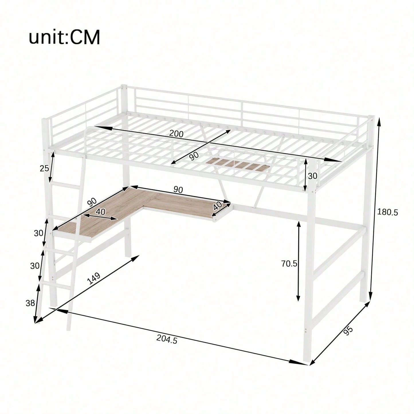 90x200cm Bettgestell Metallbett, Eisenbett, Hochbett mit L-förmigem Schreibtisch und einem Regal für Kinder, Jugendliche und Erwachsene, schwarz