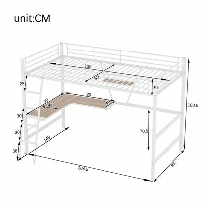90x200cm Bettgestell Metallbett, Eisenbett, Hochbett mit L-förmigem Schreibtisch und einem Regal für Kinder, Jugendliche und Erwachsene, schwarz