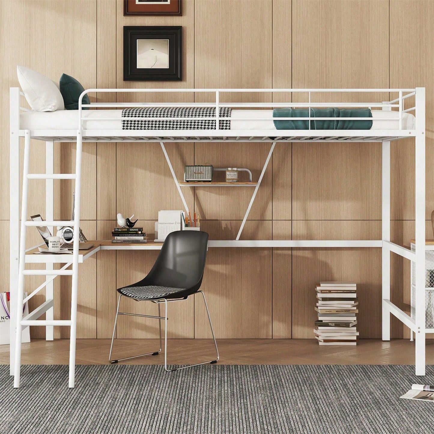 90x200cm Bettgestell Metallbett, Eisenbett, Hochbett mit L-förmigem Schreibtisch und einem Regal für Kinder, Jugendliche und Erwachsene, schwarz