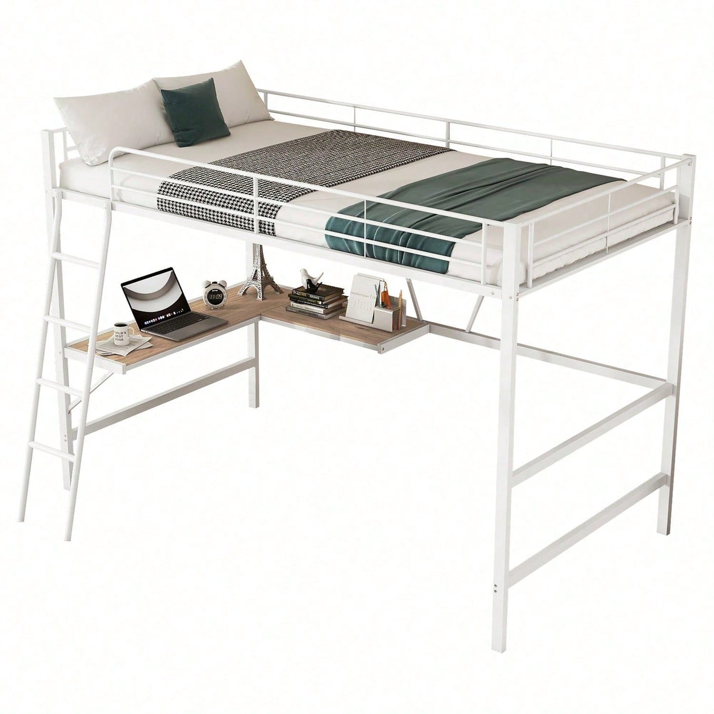 90x200cm Bettgestell Metallbett, Eisenbett, Hochbett mit L-förmigem Schreibtisch und einem Regal für Kinder, Jugendliche und Erwachsene, schwarz