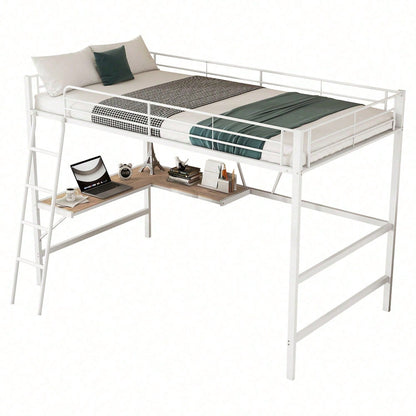 90x200cm Bettgestell Metallbett, Eisenbett, Hochbett mit L-förmigem Schreibtisch und einem Regal für Kinder, Jugendliche und Erwachsene, schwarz