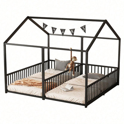 Metallbett, Kinderbett, 90*200cm , Ohne Matratze, Geländer, Leiter, Hausmodellierung, Doppelbett Design, Doppelbett, Eisenrahmen, Schwarz