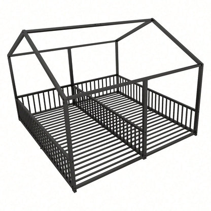 Metallbett, Kinderbett, 90*200cm , Ohne Matratze, Geländer, Leiter, Hausmodellierung, Doppelbett Design, Doppelbett, Eisenrahmen, Schwarz