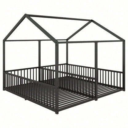 Metallbett, Kinderbett, 90*200cm , Ohne Matratze, Geländer, Leiter, Hausmodellierung, Doppelbett Design, Doppelbett, Eisenrahmen, Schwarz