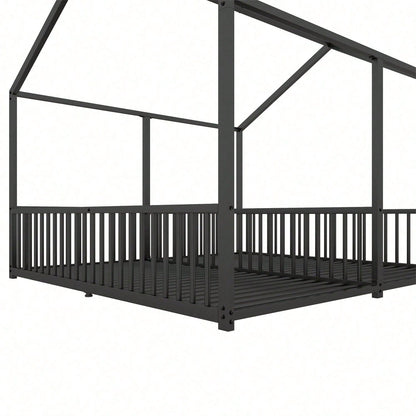 Metallbett, Kinderbett, 90*200cm , Ohne Matratze, Geländer, Leiter, Hausmodellierung, Doppelbett Design, Doppelbett, Eisenrahmen, Schwarz