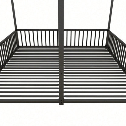 Metallbett, Kinderbett, 90*200cm , Ohne Matratze, Geländer, Leiter, Hausmodellierung, Doppelbett Design, Doppelbett, Eisenrahmen, Schwarz