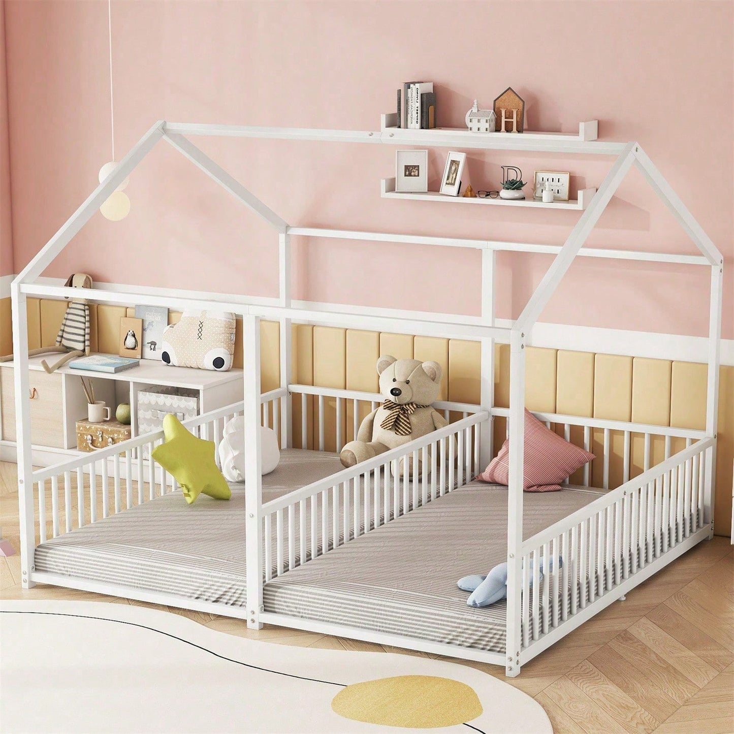 Metallbett, Kinderbett, 90*200cm , Ohne Matratze, Geländer, Leiter, Hausmodellierung, Doppelbett Design, Doppelbett, Eisenrahmen, Schwarz