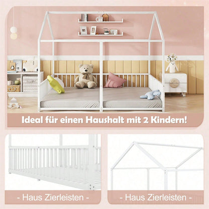 Metallbett, Kinderbett, 90*200cm , Ohne Matratze, Geländer, Leiter, Hausmodellierung, Doppelbett Design, Doppelbett, Eisenrahmen, Schwarz