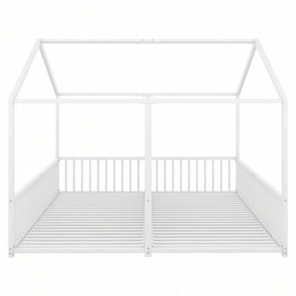 Metallbett, Kinderbett, 90*200cm , Ohne Matratze, Geländer, Leiter, Hausmodellierung, Doppelbett Design, Doppelbett, Eisenrahmen, Schwarz