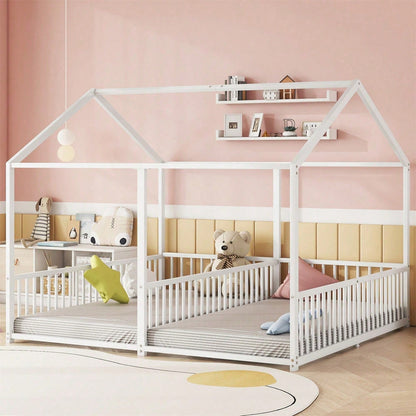 Metallbett, Kinderbett, 90*200cm , Ohne Matratze, Geländer, Leiter, Hausmodellierung, Doppelbett Design, Doppelbett, Eisenrahmen, Schwarz