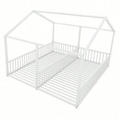 Metallbett, Kinderbett, 90*200cm , Ohne Matratze, Geländer, Leiter, Hausmodellierung, Doppelbett Design, Doppelbett, Eisenrahmen, Schwarz