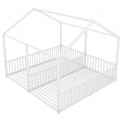 Metallbett, Kinderbett, 90*200cm , Ohne Matratze, Geländer, Leiter, Hausmodellierung, Doppelbett Design, Doppelbett, Eisenrahmen, Schwarz