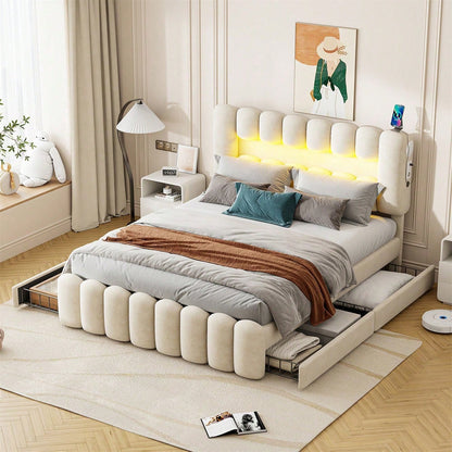 Polsterbett, 160 x 200cm, Ohne Matratze, Polsterbett mit 4 Schubladen, Polsterbet Bett mit LED-Lichtleiste mit USB und Stereoanlage, Samt, Grau