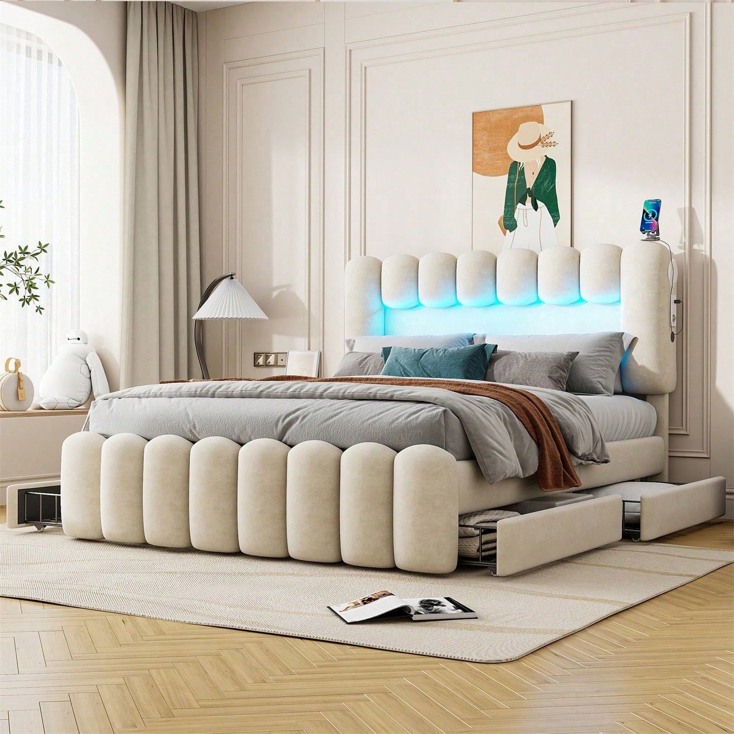 Polsterbett, 160 x 200cm, Ohne Matratze, Polsterbett mit 4 Schubladen, Polsterbet Bett mit LED-Lichtleiste mit USB und Stereoanlage, Samt, Grau