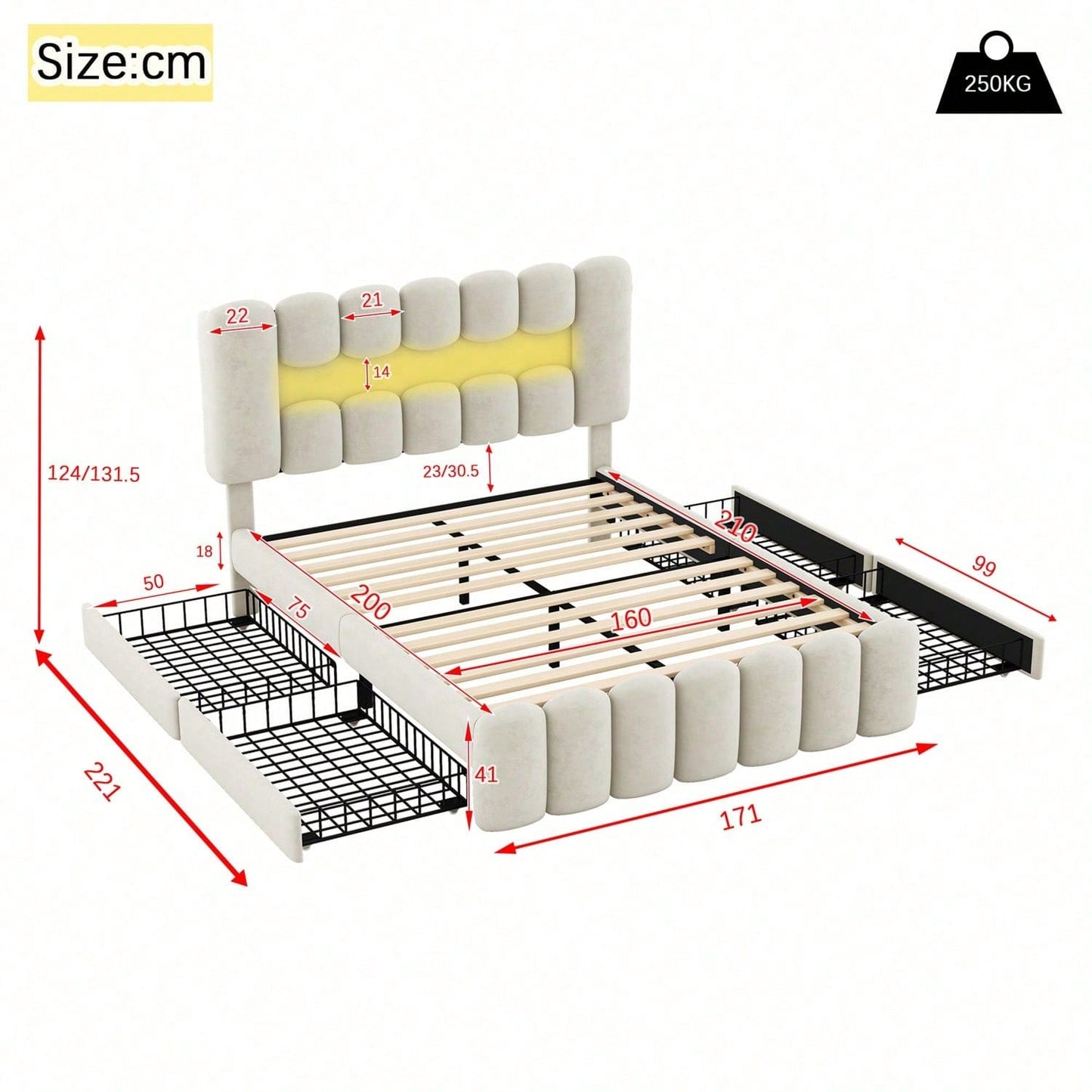 Polsterbett, 160 x 200cm, Ohne Matratze, Polsterbett mit 4 Schubladen, Polsterbet Bett mit LED-Lichtleiste mit USB und Stereoanlage, Samt, Grau