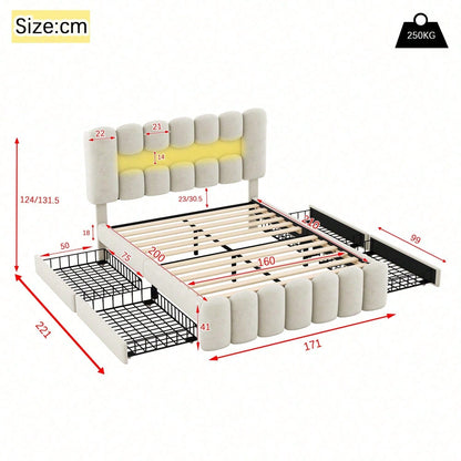 Polsterbett, 160 x 200cm, Ohne Matratze, Polsterbett mit 4 Schubladen, Polsterbet Bett mit LED-Lichtleiste mit USB und Stereoanlage, Samt, Grau