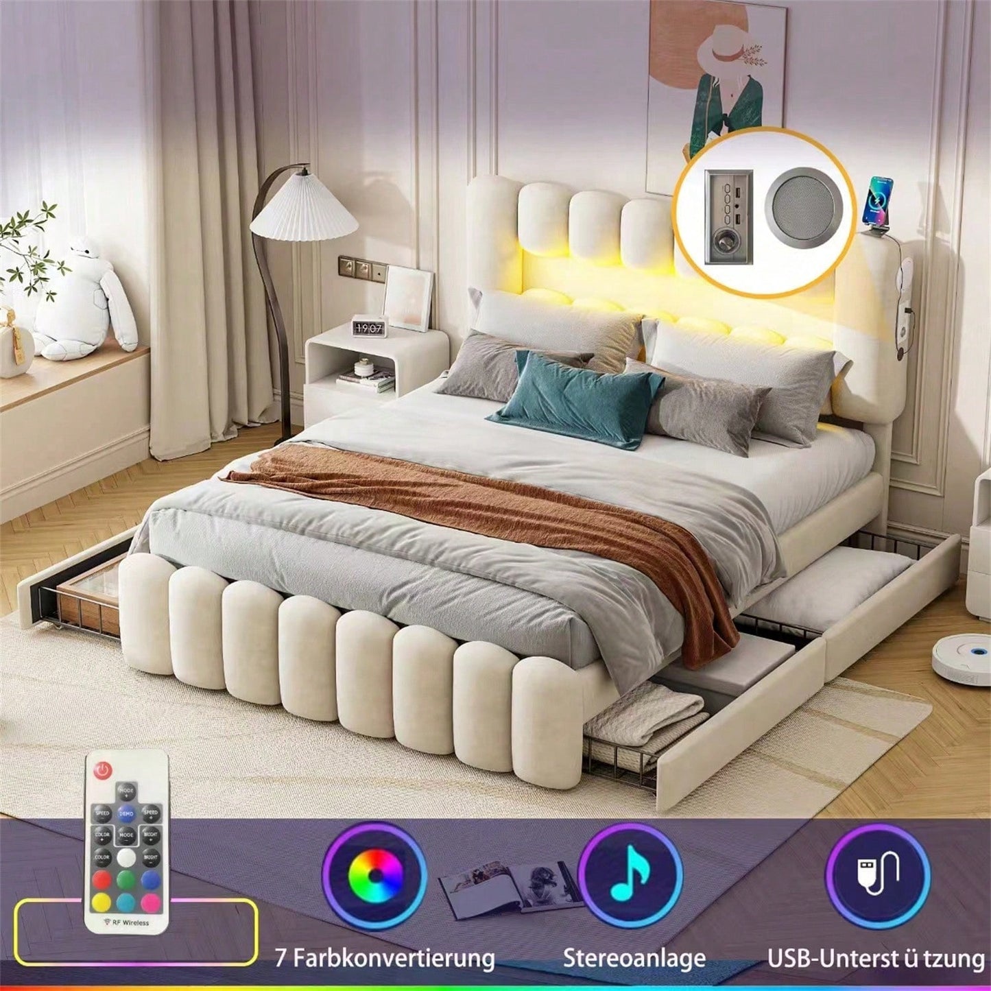 Polsterbett, 160 x 200cm, Ohne Matratze, Polsterbett mit 4 Schubladen, Polsterbet Bett mit LED-Lichtleiste mit USB und Stereoanlage, Samt, Grau