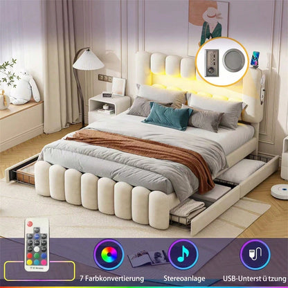 Polsterbett, 160 x 200cm, Ohne Matratze, Polsterbett mit 4 Schubladen, Polsterbet Bett mit LED-Lichtleiste mit USB und Stereoanlage, Samt, Grau
