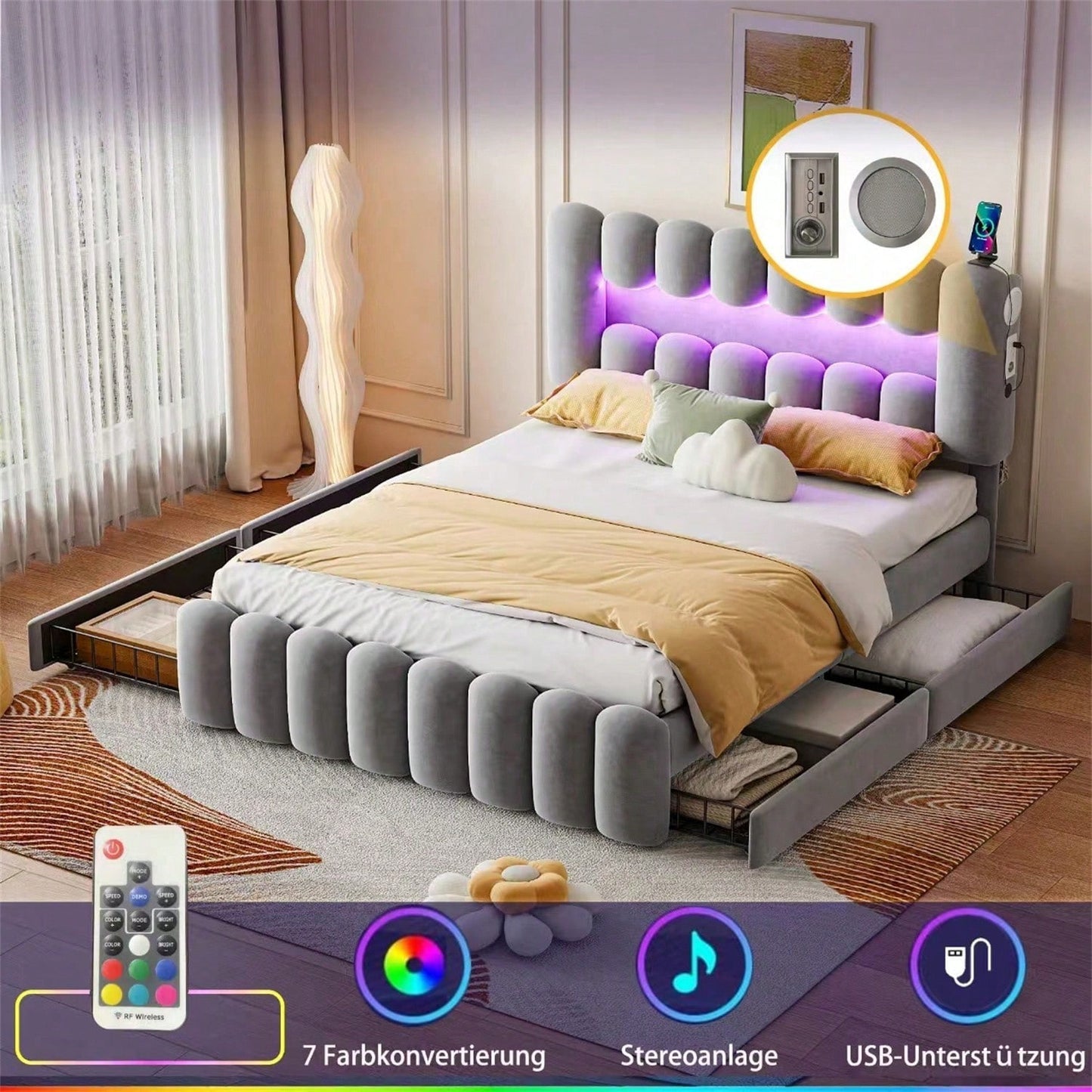 Polsterbett, 160 x 200cm, Ohne Matratze, Polsterbett mit 4 Schubladen, Polsterbet Bett mit LED-Lichtleiste mit USB und Stereoanlage, Samt, Grau