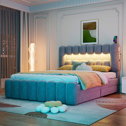 Polsterbett, 160 x 200cm, Ohne Matratze, Polsterbett mit 4 Schubladen, Polsterbet Bett mit LED-Lichtleiste mit USB und Stereoanlage, Samt, Grau