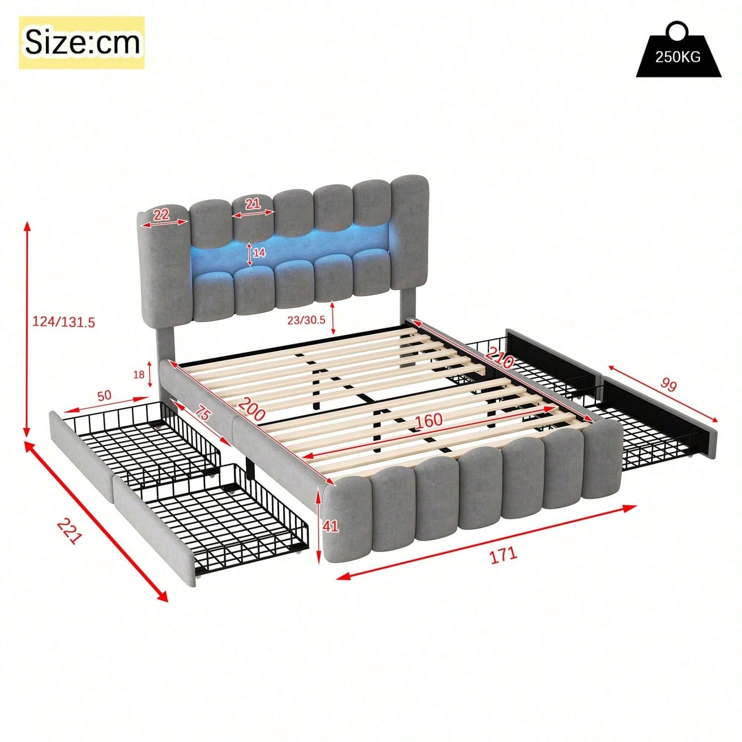 Polsterbett, 160 x 200cm, Ohne Matratze, Polsterbett mit 4 Schubladen, Polsterbet Bett mit LED-Lichtleiste mit USB und Stereoanlage, Samt, Grau