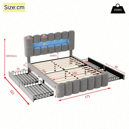 Polsterbett, 160 x 200cm, Ohne Matratze, Polsterbett mit 4 Schubladen, Polsterbet Bett mit LED-Lichtleiste mit USB und Stereoanlage, Samt, Grau