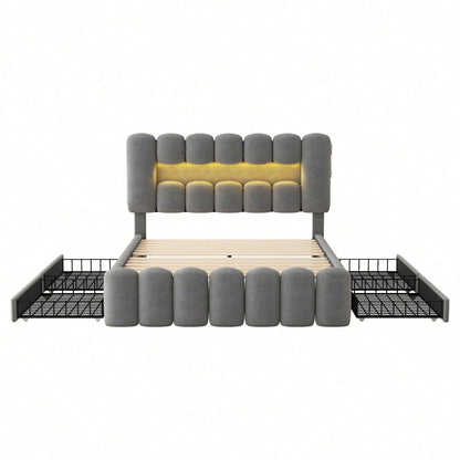 Polsterbett, 160 x 200cm, Ohne Matratze, Polsterbett mit 4 Schubladen, Polsterbet Bett mit LED-Lichtleiste mit USB und Stereoanlage, Samt, Grau