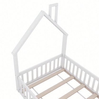 Hausbett, 90 x 200 cm, Kinderbett mit Schornsteinform, Bett mit Lattenrost (ohne Matratze), Kiefernholz, Minimalistischer Stil, Weiß