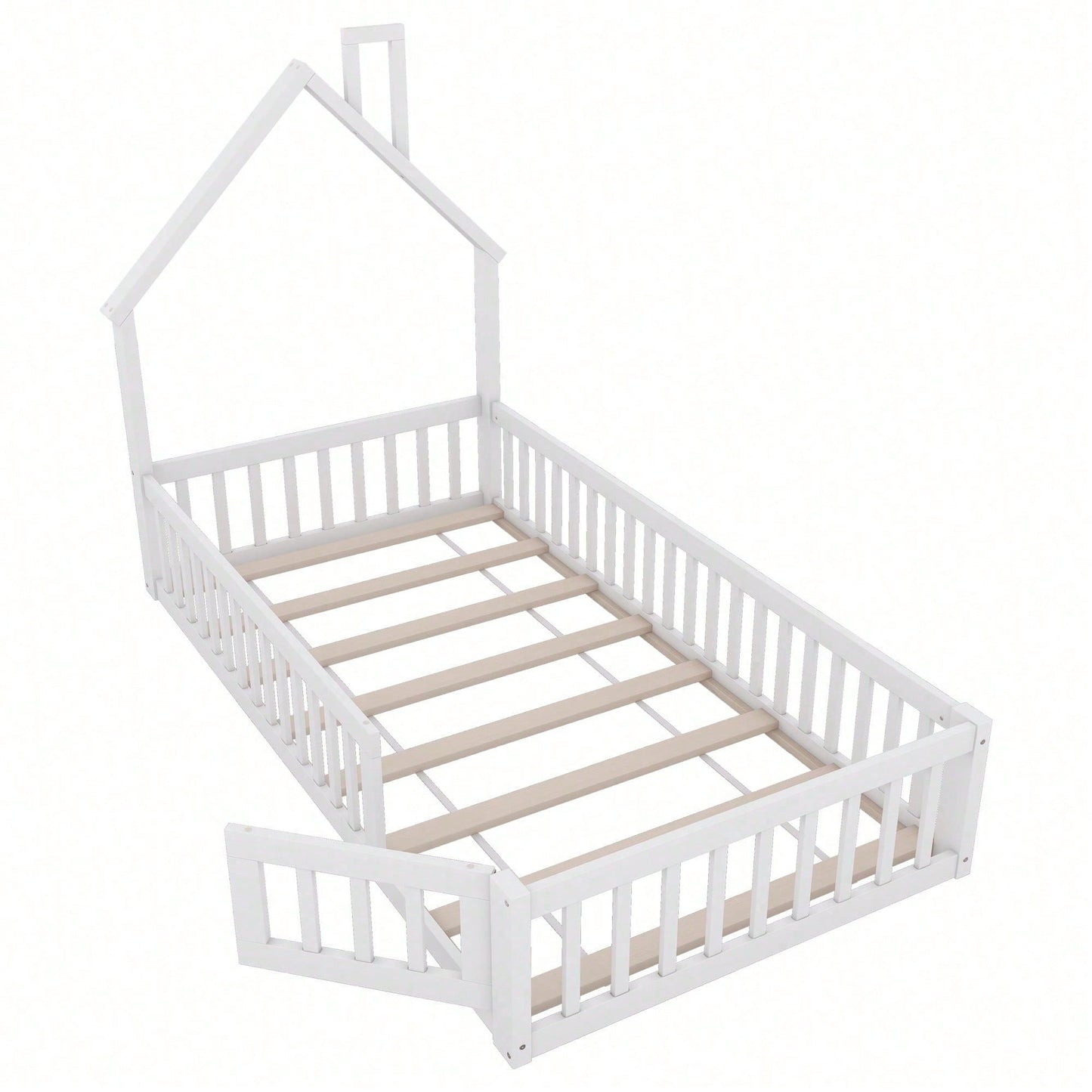 Hausbett, 90 x 200 cm, Kinderbett mit Schornsteinform, Bett mit Lattenrost (ohne Matratze), Kiefernholz, Minimalistischer Stil, Weiß