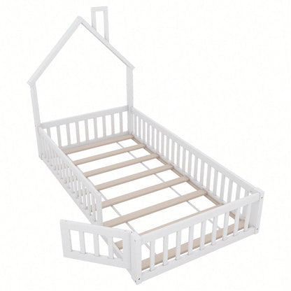 Hausbett, 90 x 200 cm, Kinderbett mit Schornsteinform, Bett mit Lattenrost (ohne Matratze), Kiefernholz, Minimalistischer Stil, Weiß