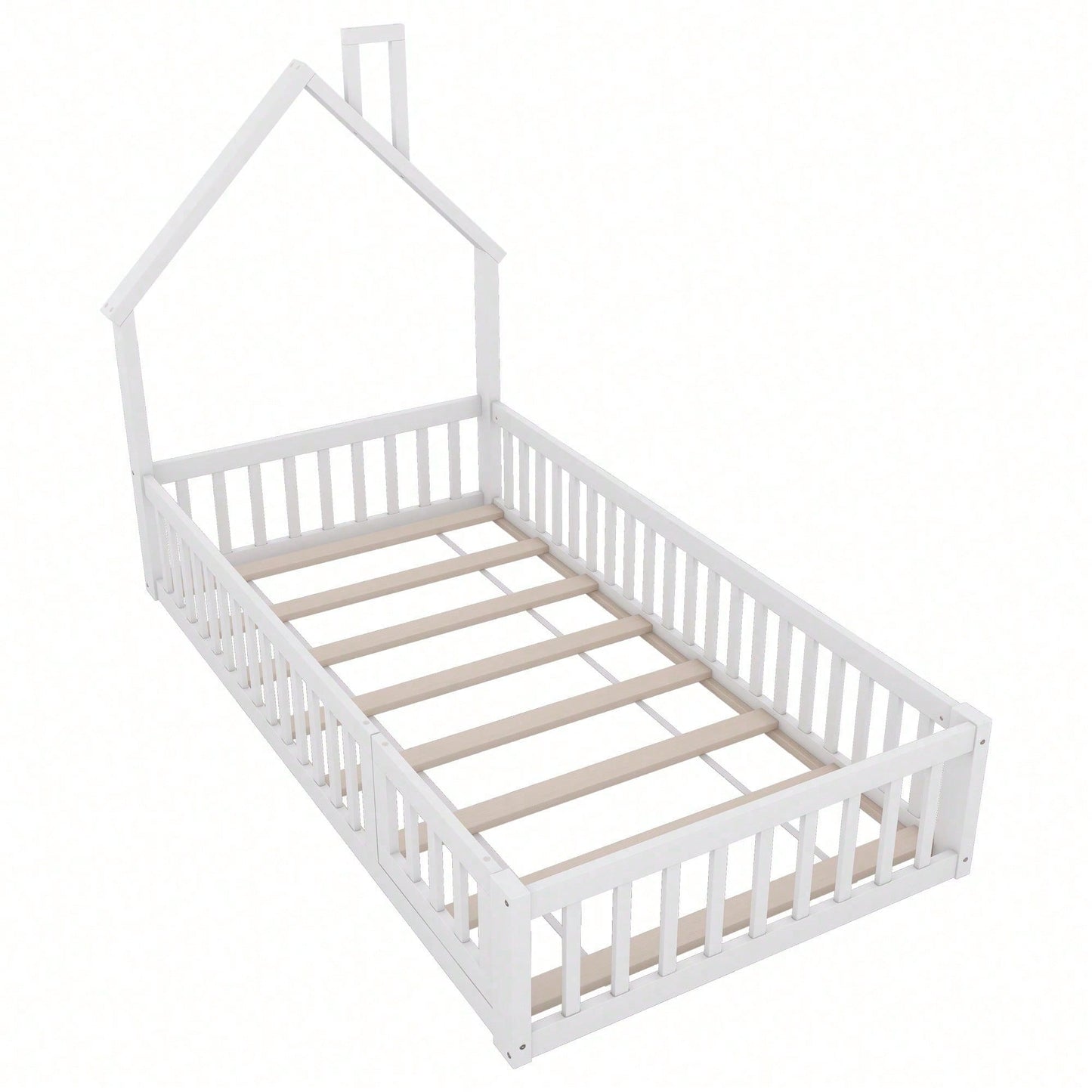 Hausbett, 90 x 200 cm, Kinderbett mit Schornsteinform, Bett mit Lattenrost (ohne Matratze), Kiefernholz, Minimalistischer Stil, Weiß