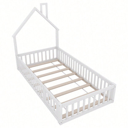 Hausbett, 90 x 200 cm, Kinderbett mit Schornsteinform, Bett mit Lattenrost (ohne Matratze), Kiefernholz, Minimalistischer Stil, Weiß