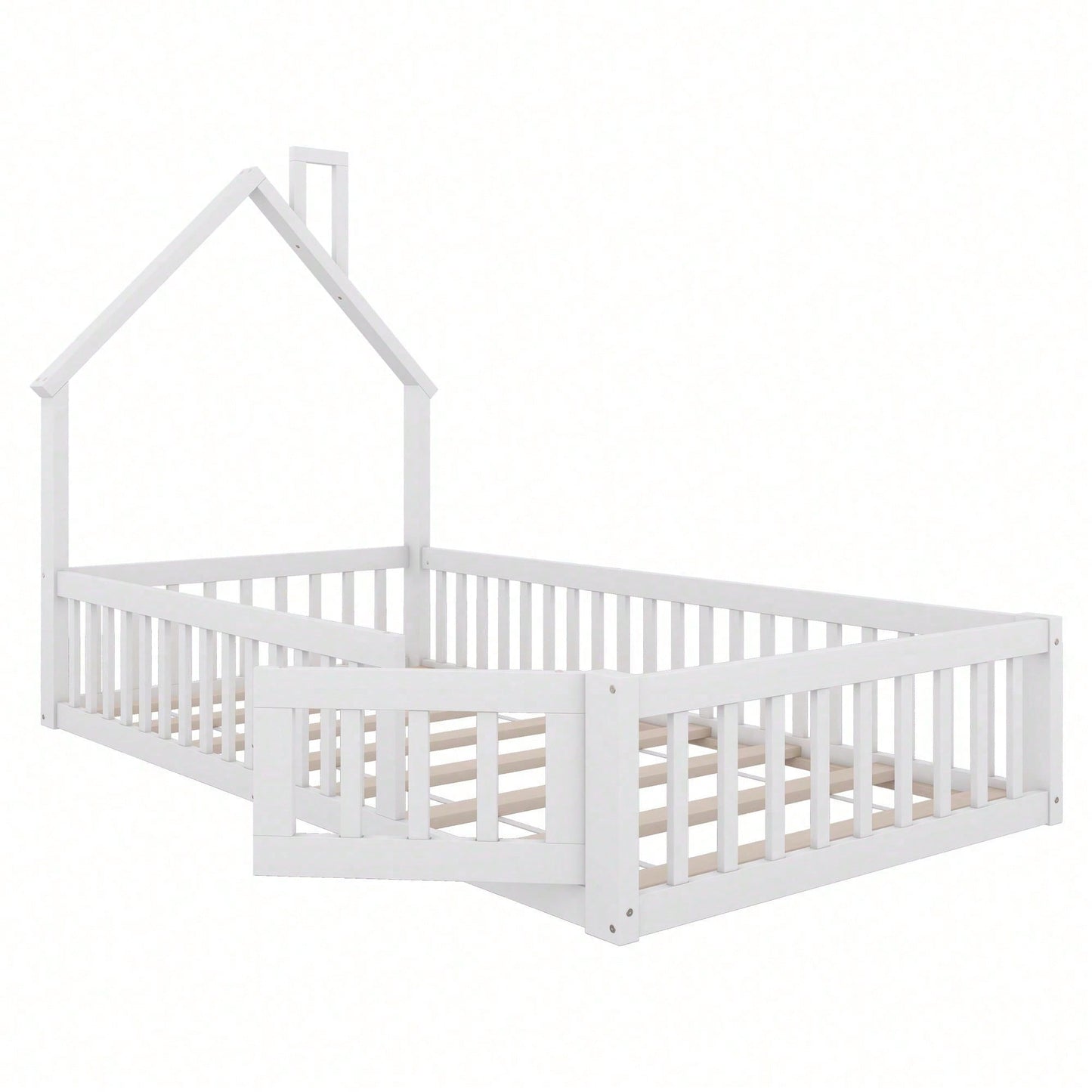Hausbett, 90 x 200 cm, Kinderbett mit Schornsteinform, Bett mit Lattenrost (ohne Matratze), Kiefernholz, Minimalistischer Stil, Weiß