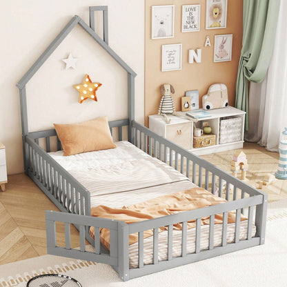 Hausbett, 90 x 200 cm, Kinderbett mit Schornsteinform, Bett mit Lattenrost (ohne Matratze), Kiefernholz, Minimalistischer Stil, Weiß