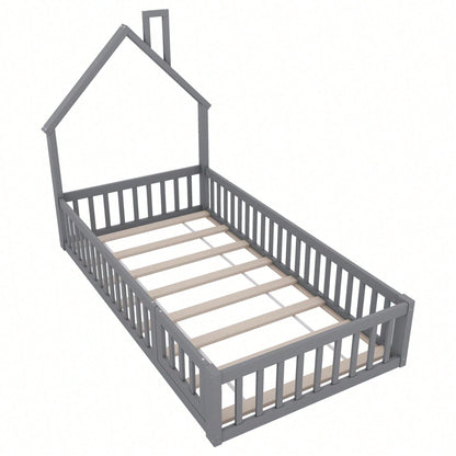 Hausbett, 90 x 200 cm, Kinderbett mit Schornsteinform, Bett mit Lattenrost (ohne Matratze), Kiefernholz, Minimalistischer Stil, Weiß