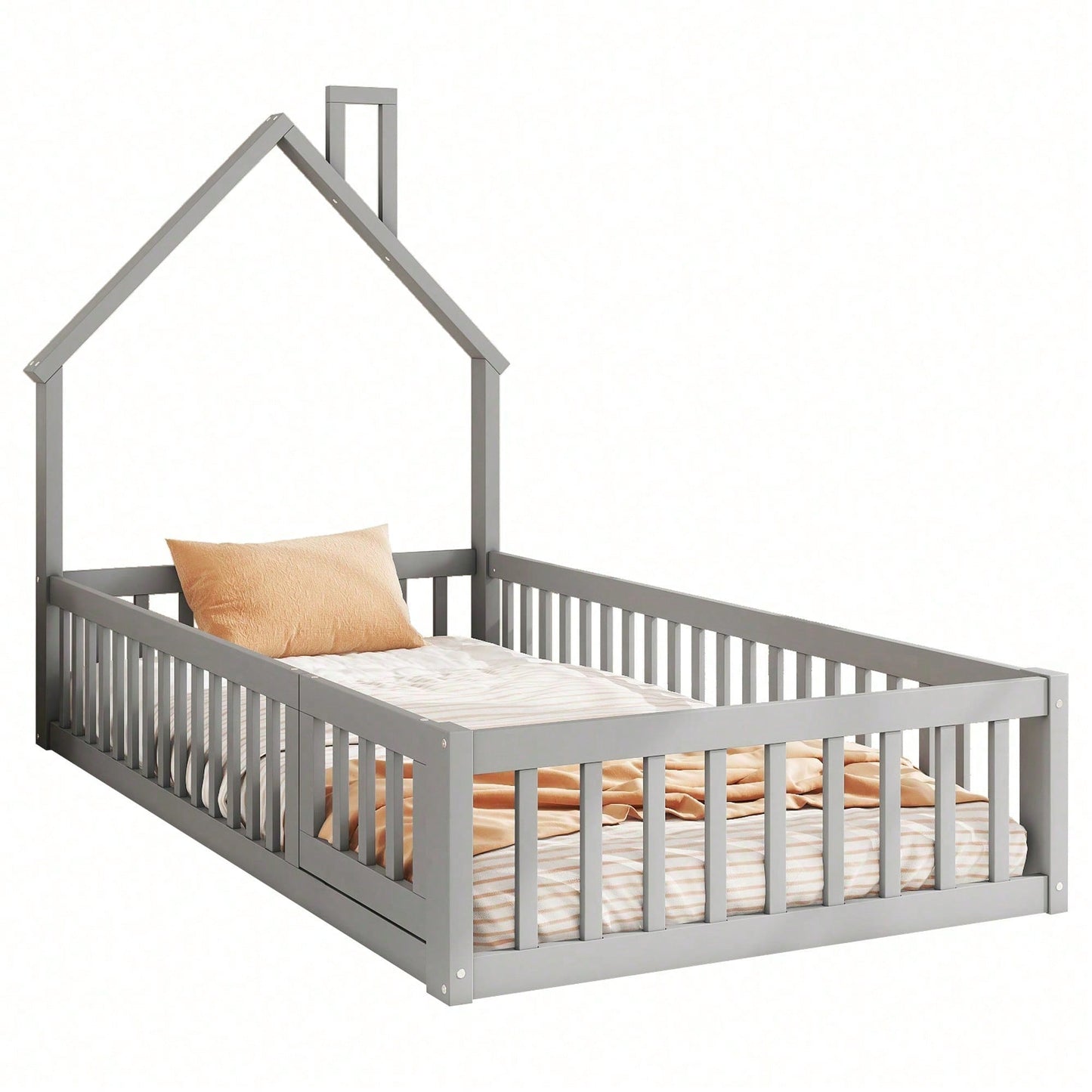 Hausbett, 90 x 200 cm, Kinderbett mit Schornsteinform, Bett mit Lattenrost (ohne Matratze), Kiefernholz, Minimalistischer Stil, Weiß