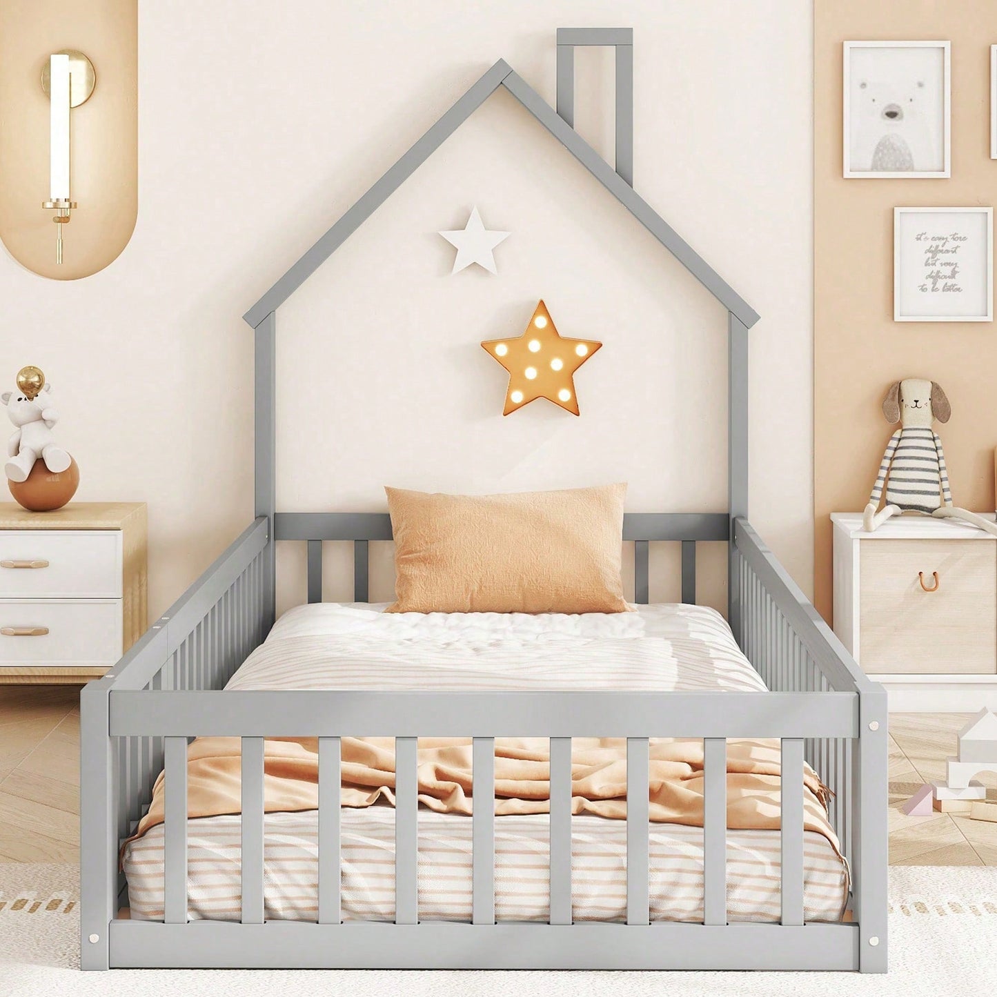 Hausbett, 90 x 200 cm, Kinderbett mit Schornsteinform, Bett mit Lattenrost (ohne Matratze), Kiefernholz, Minimalistischer Stil, Weiß