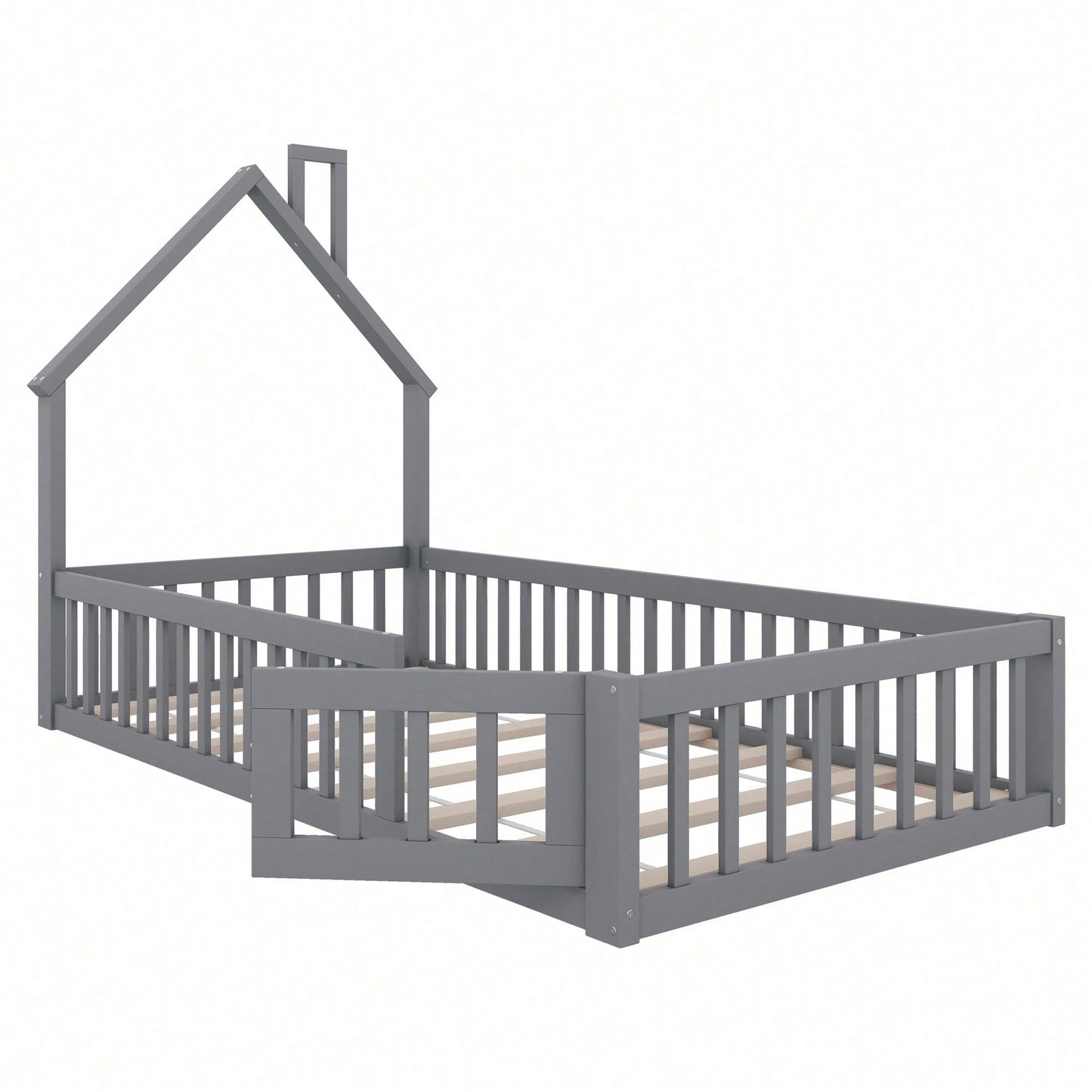 Hausbett, 90 x 200 cm, Kinderbett mit Schornsteinform, Bett mit Lattenrost (ohne Matratze), Kiefernholz, Minimalistischer Stil, Weiß