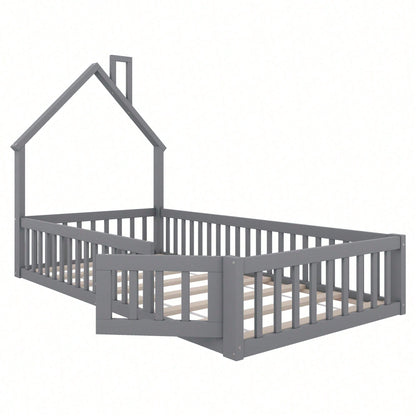 Hausbett, 90 x 200 cm, Kinderbett mit Schornsteinform, Bett mit Lattenrost (ohne Matratze), Kiefernholz, Minimalistischer Stil, Weiß