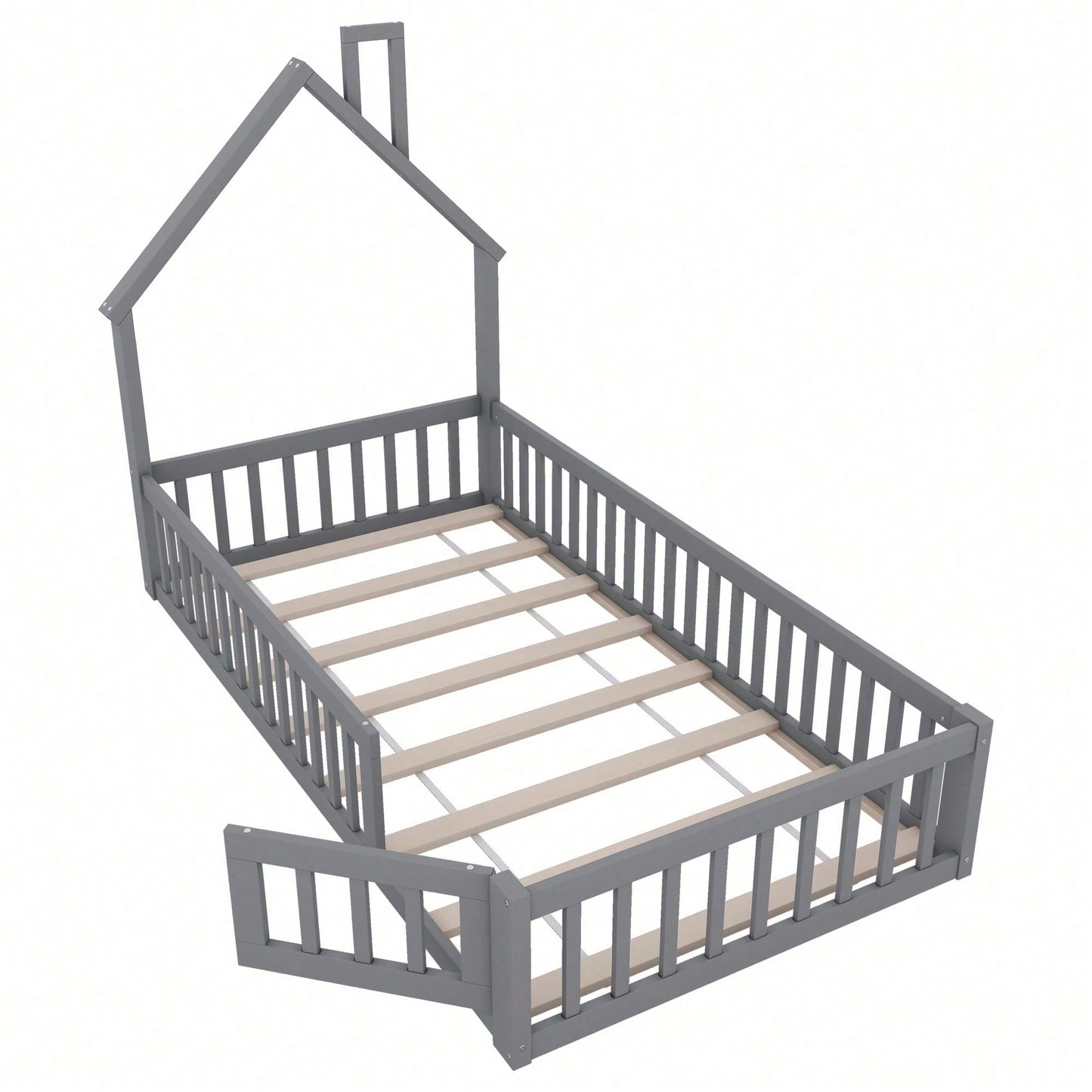 Hausbett, 90 x 200 cm, Kinderbett mit Schornsteinform, Bett mit Lattenrost (ohne Matratze), Kiefernholz, Minimalistischer Stil, Weiß
