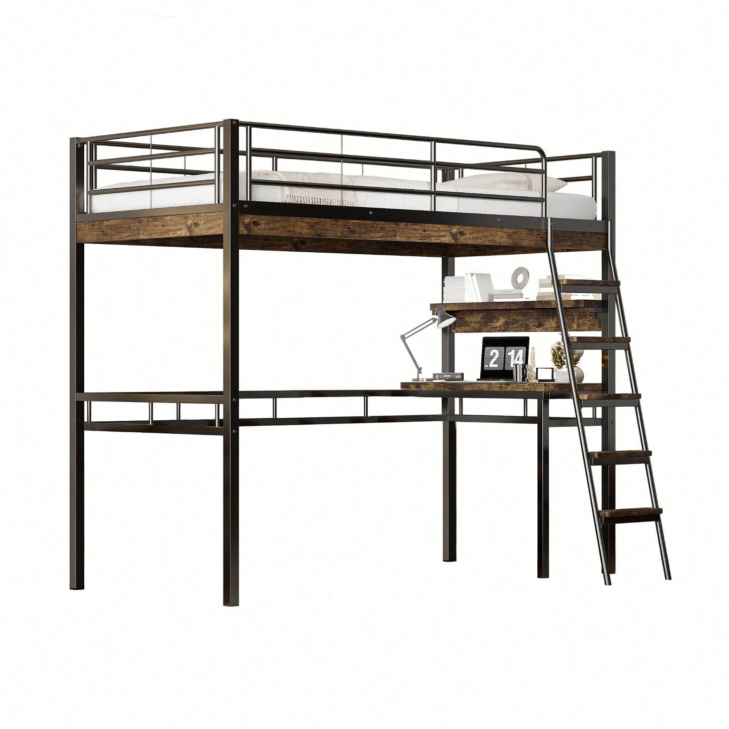 Hochbett, 90*200cm , Ohne Matratze, Bett mit Schreibtisch, Regale, Geländer, Leiter, Eisenrahmen, Schwarz