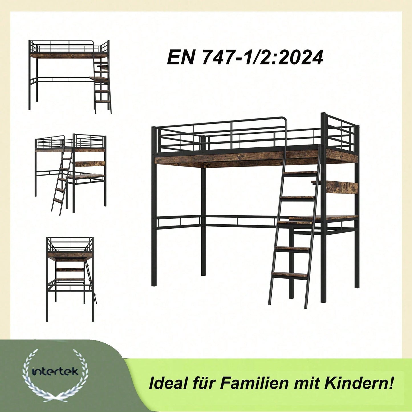 Hochbett, 90*200cm , Ohne Matratze, Bett mit Schreibtisch, Regale, Geländer, Leiter, Eisenrahmen, Schwarz