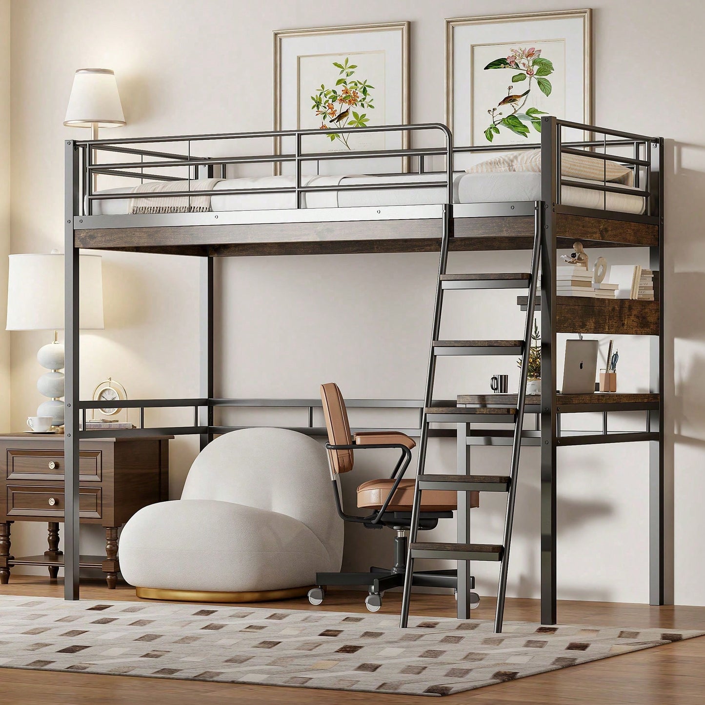 Hochbett, 90*200cm , Ohne Matratze, Bett mit Schreibtisch, Regale, Geländer, Leiter, Eisenrahmen, Schwarz