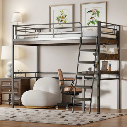 Hochbett, 90*200cm , Ohne Matratze, Bett mit Schreibtisch, Regale, Geländer, Leiter, Eisenrahmen, Schwarz