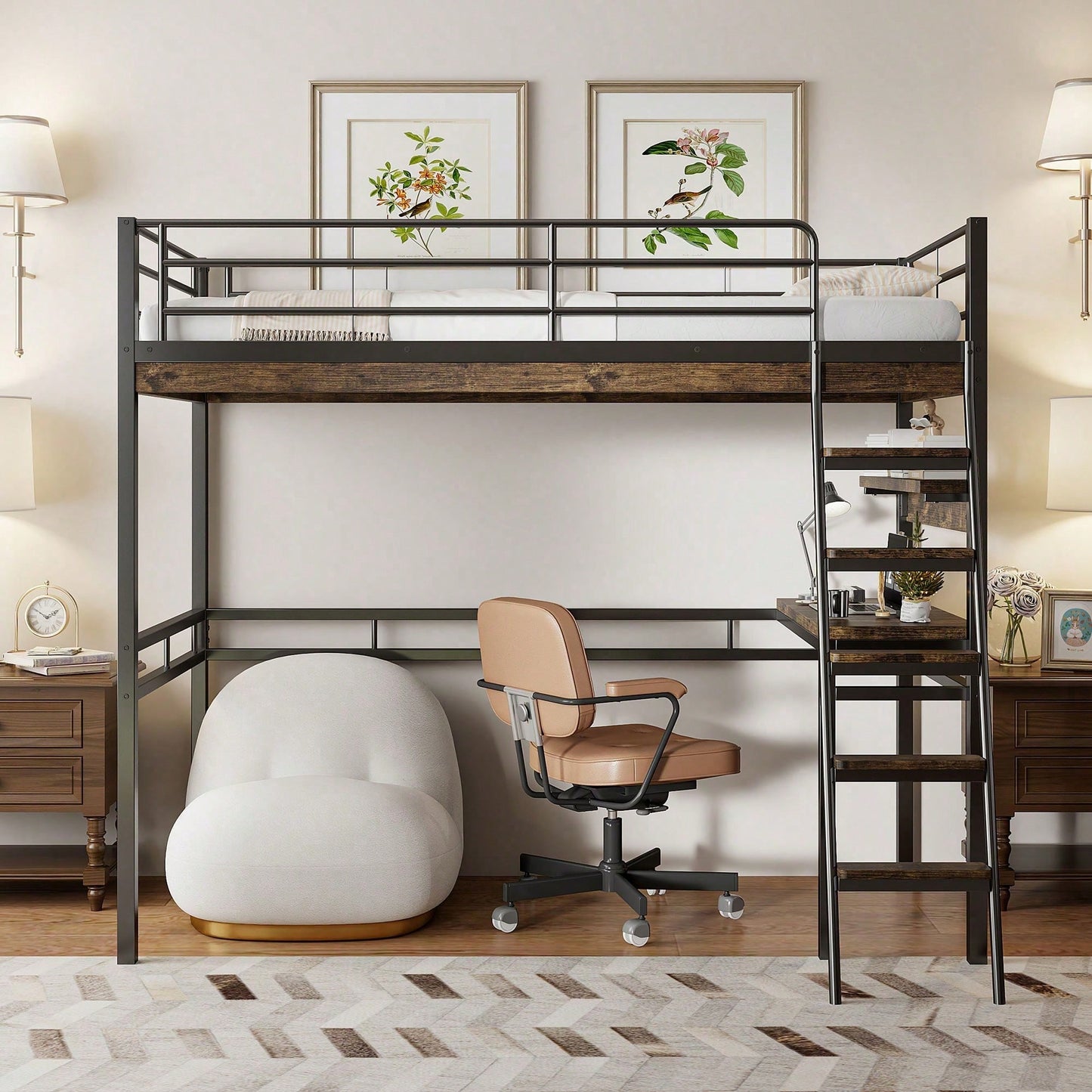 Hochbett, 90*200cm , Ohne Matratze, Bett mit Schreibtisch, Regale, Geländer, Leiter, Eisenrahmen, Schwarz