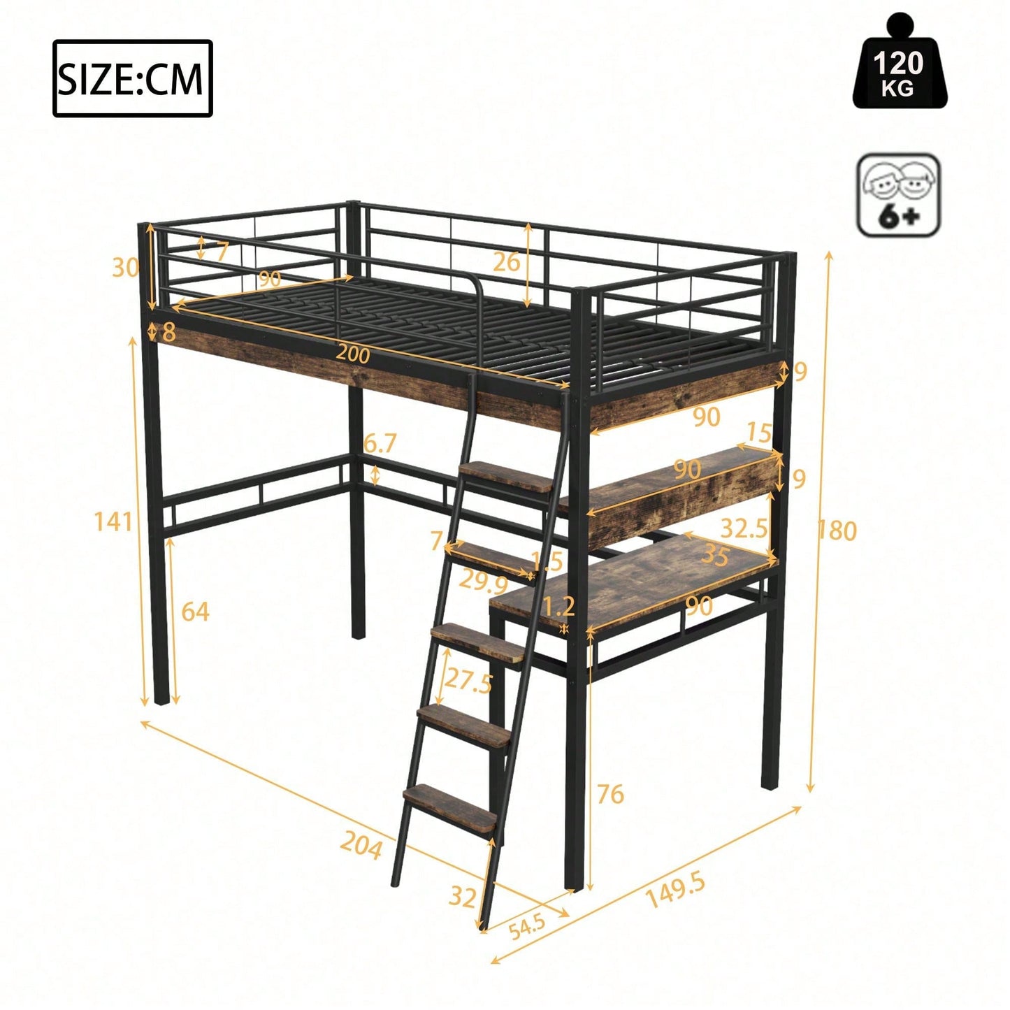 Hochbett, 90*200cm , Ohne Matratze, Bett mit Schreibtisch, Regale, Geländer, Leiter, Eisenrahmen, Schwarz