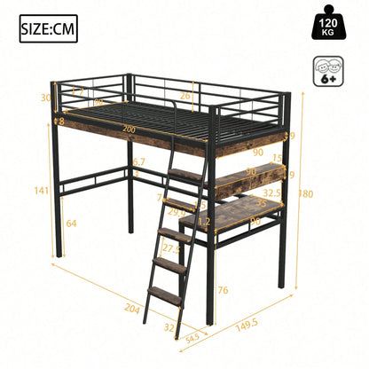Hochbett, 90*200cm , Ohne Matratze, Bett mit Schreibtisch, Regale, Geländer, Leiter, Eisenrahmen, Schwarz