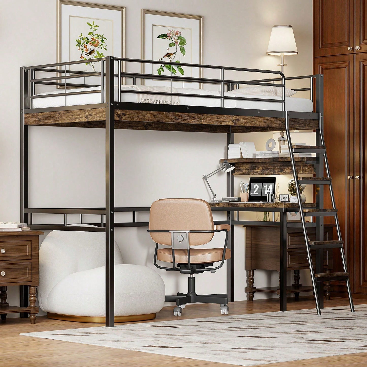 Hochbett, 90*200cm , Ohne Matratze, Bett mit Schreibtisch, Regale, Geländer, Leiter, Eisenrahmen, Schwarz