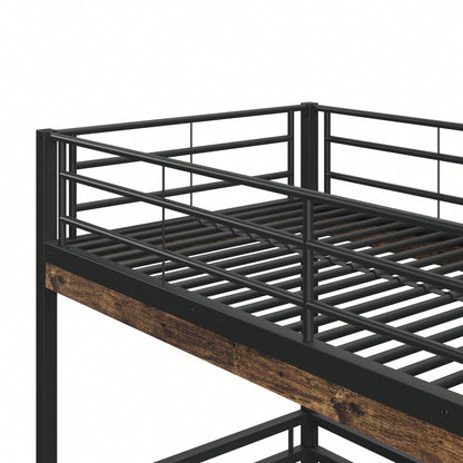 Hochbett, 90*200cm , Ohne Matratze, Bett mit Schreibtisch, Regale, Geländer, Leiter, Eisenrahmen, Schwarz